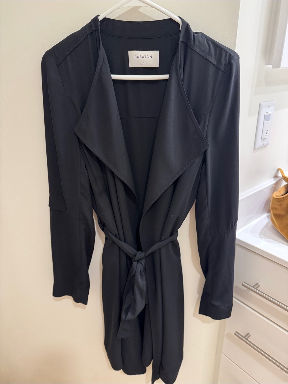 Babaton Black Tie-Waist Draped Trench Coat Duster